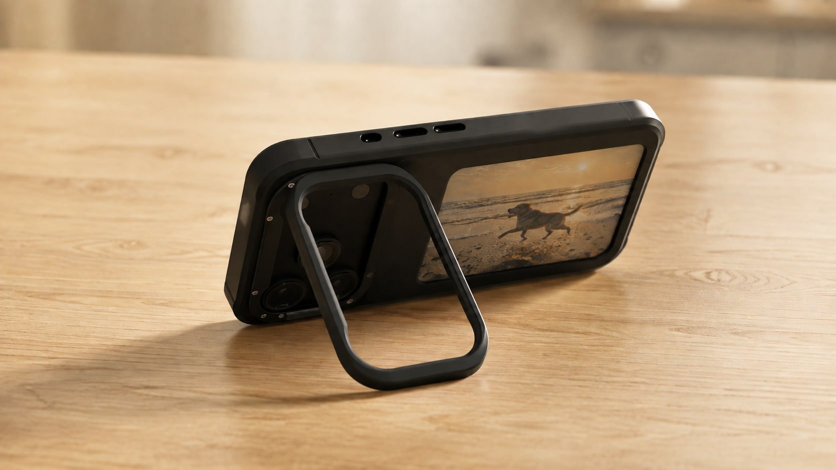 A black case standing on a timber table in landscape, propped on its own stand loop, the panel showing a dog running along a beach.