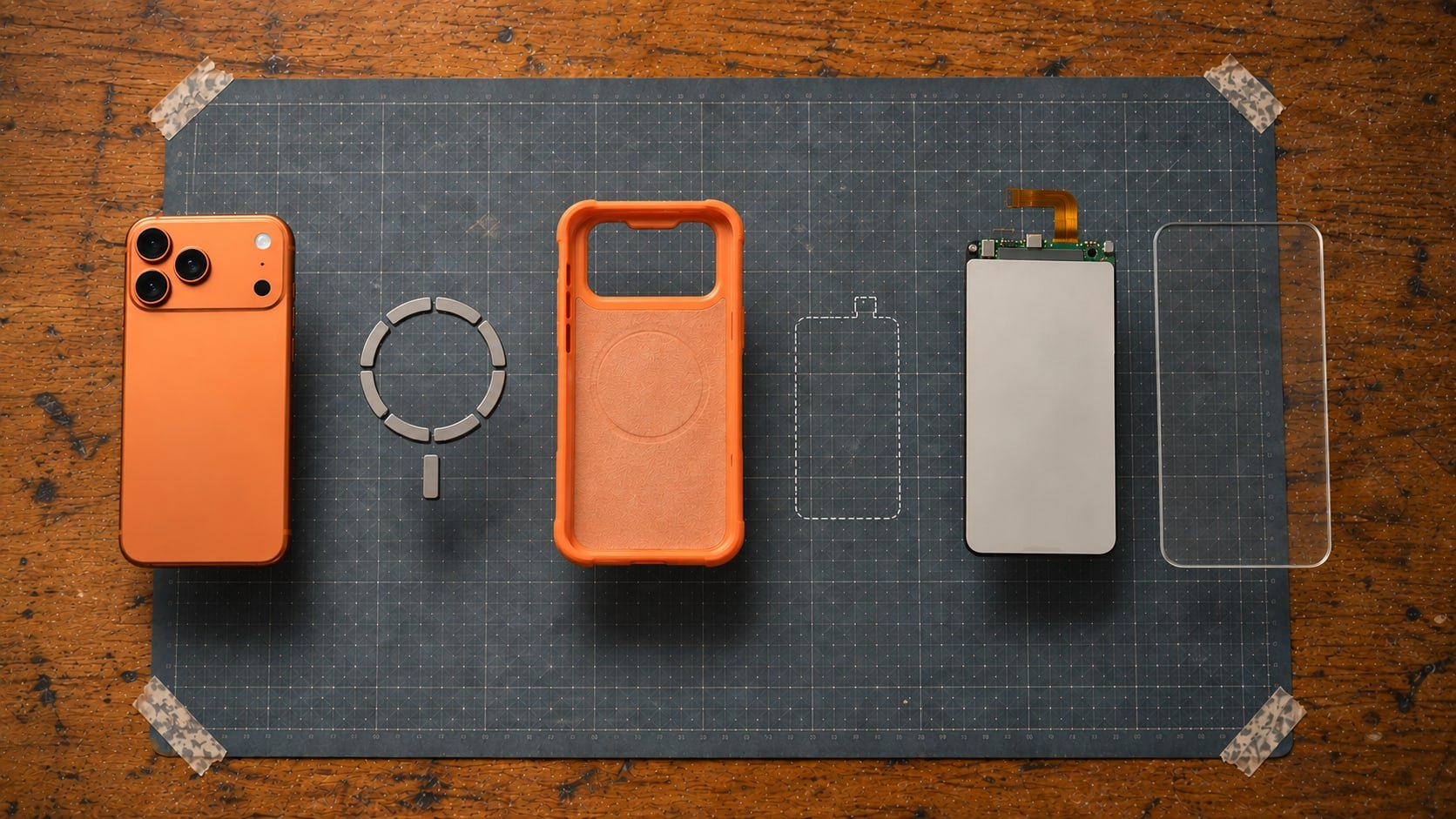 An orange Morph case taken apart above a cutting mat: the phone, a ring of magnets, the shell lying open with its micro-fluff lining showing, the e-ink panel and its glass cover. Where a battery would go there is only its outline drawn on the mat, empty.
