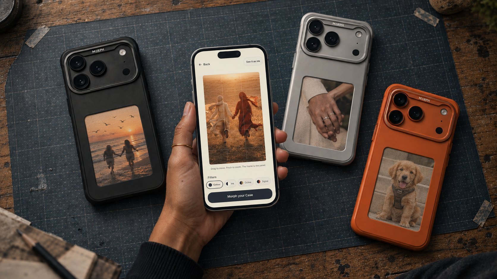 Seen from above on a cutting mat, a hand holds a phone with the Morph app open on a photograph of two people running through a field, and three Morph cases lie around it in black, silver and orange, each panel carrying a different picture.